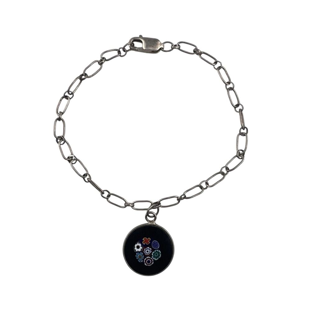 Dainty Chain Sterling Silver Bracelet 7" with Millefiori Glass Charm